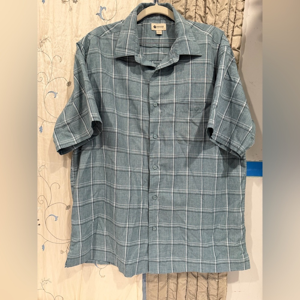 Haggar Teal Plaid Casual Button Down Shirt - Picture 4 of 8